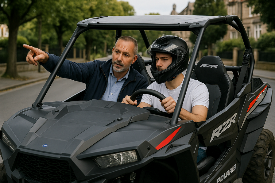 תלמיד צעיר לומד נהיגה על RZR עם נוף פנורמי של נתניה
