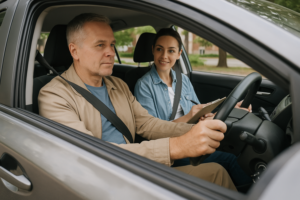 Older adult learning to drive with an instructor