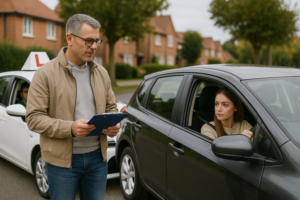 Illustration of a driving instructor car and a family car with learner drivers, depicting the choice of learning on an instructor's car or a family car.