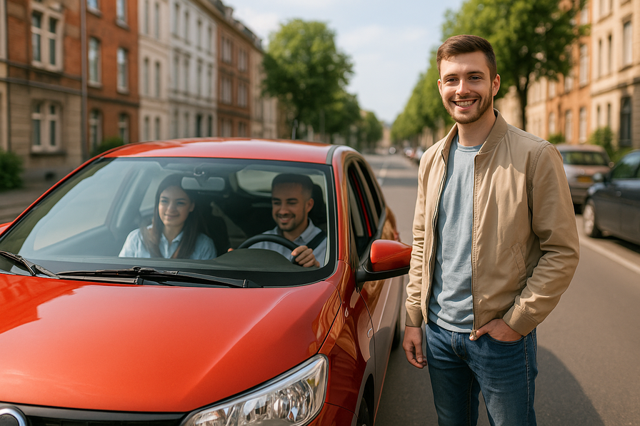 Young students and workers in driving lessons, diverse vehicles