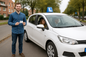 תמונה של נבחן טסט בנתניה מתכונן למבחן עם נוף עירוני