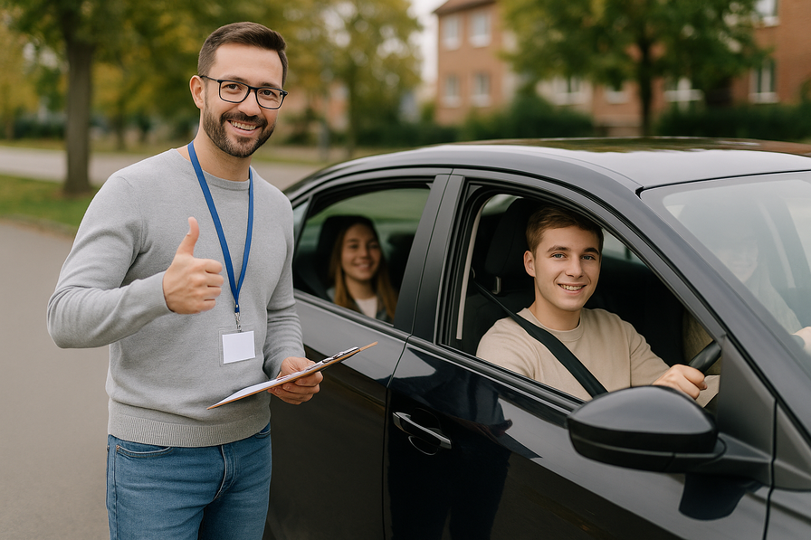 An image depicting a driving school classroom with diverse students and an instructor