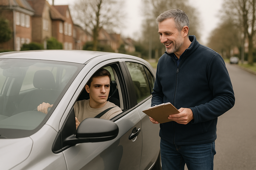 A calm driving instructor with a nervous student