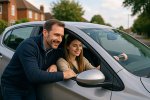 A supportive driving instructor explaining clearly to a student in a calm manner.