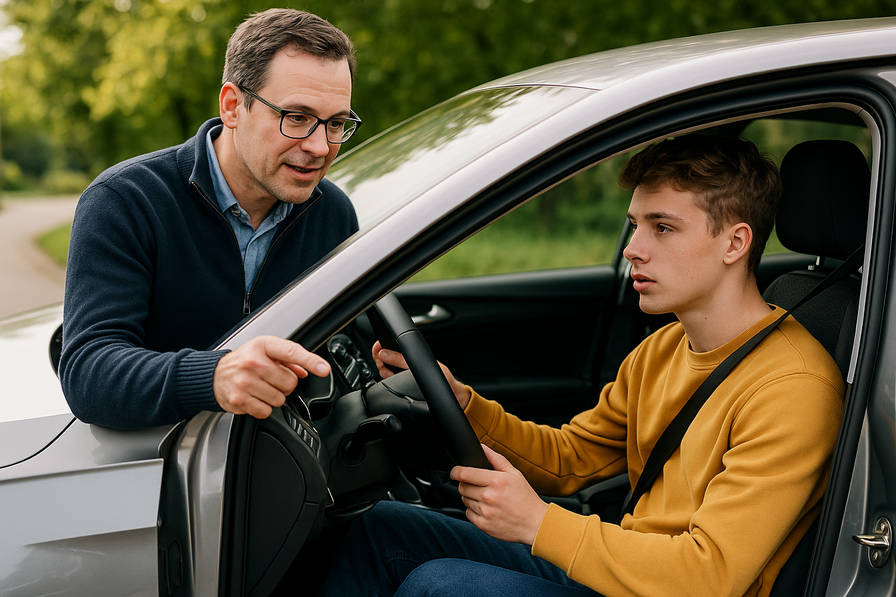 Driving lesson scene with a caring instructor and a student with ADHD