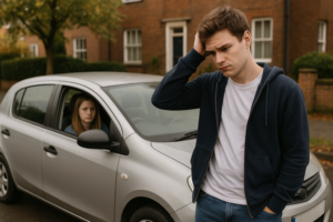 A student driver considering their next steps after failing the driving test for the first time.