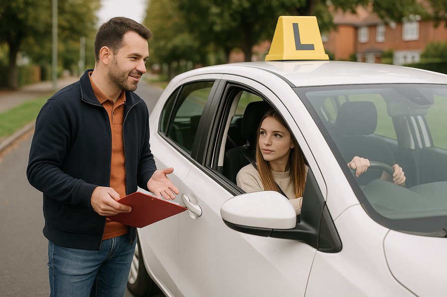 תמונה של מורה נהיגה בנתניה עם תלמיד ברכב על רקע העיר.