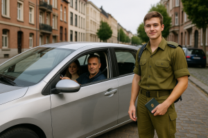 תלמיד נהיגה צעיר בנתניה מתכונן לגיוס עם שלטי דרכים ברקע