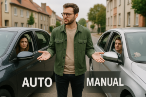 Decision-making scene about choosing between automatic and manual license.