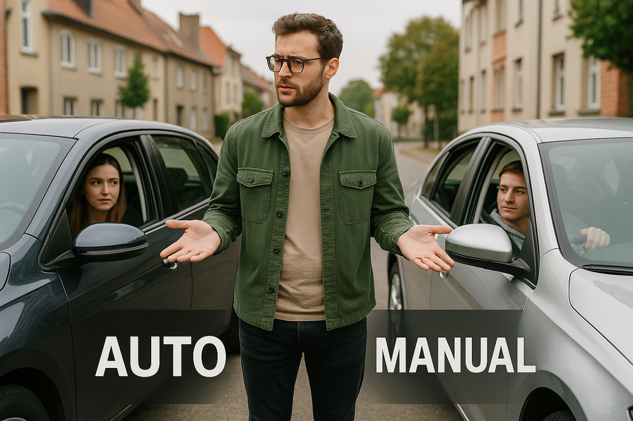Decision-making scene about choosing between automatic and manual license.