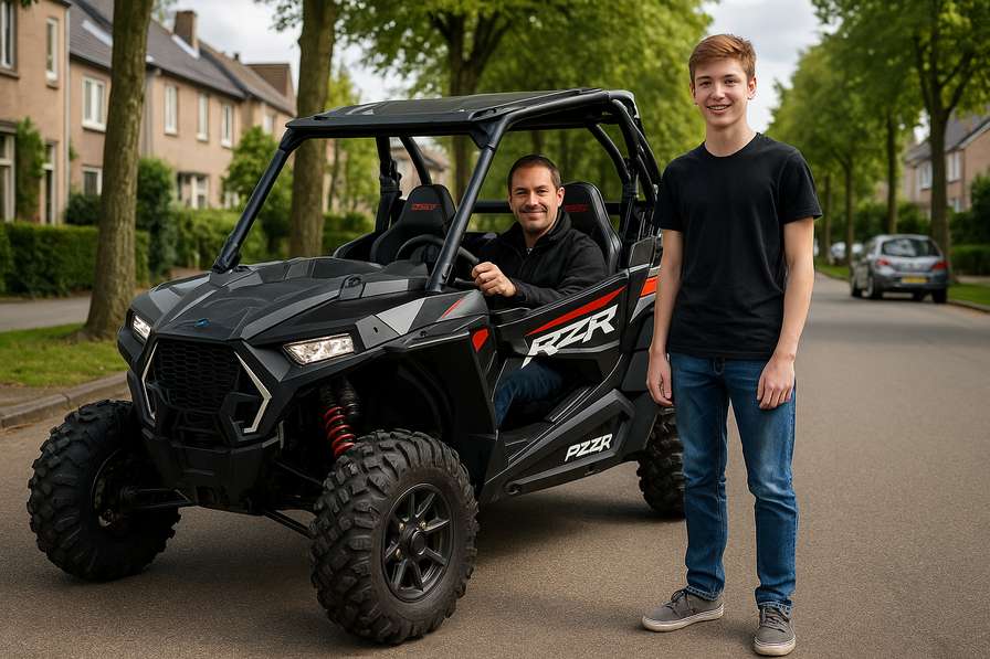 תמונה של צעיר בגיל 16 מחזיק רישיון RZR בהתרגשות באזור ציורי בנתניה, ישראל