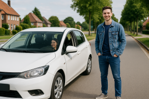 A driving instructor with a student in a car, illustrating a driving lesson environment in Hadra.