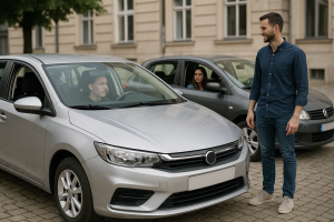 Image of learning to drive in Israel with manual and automatic cars in an urban setting.